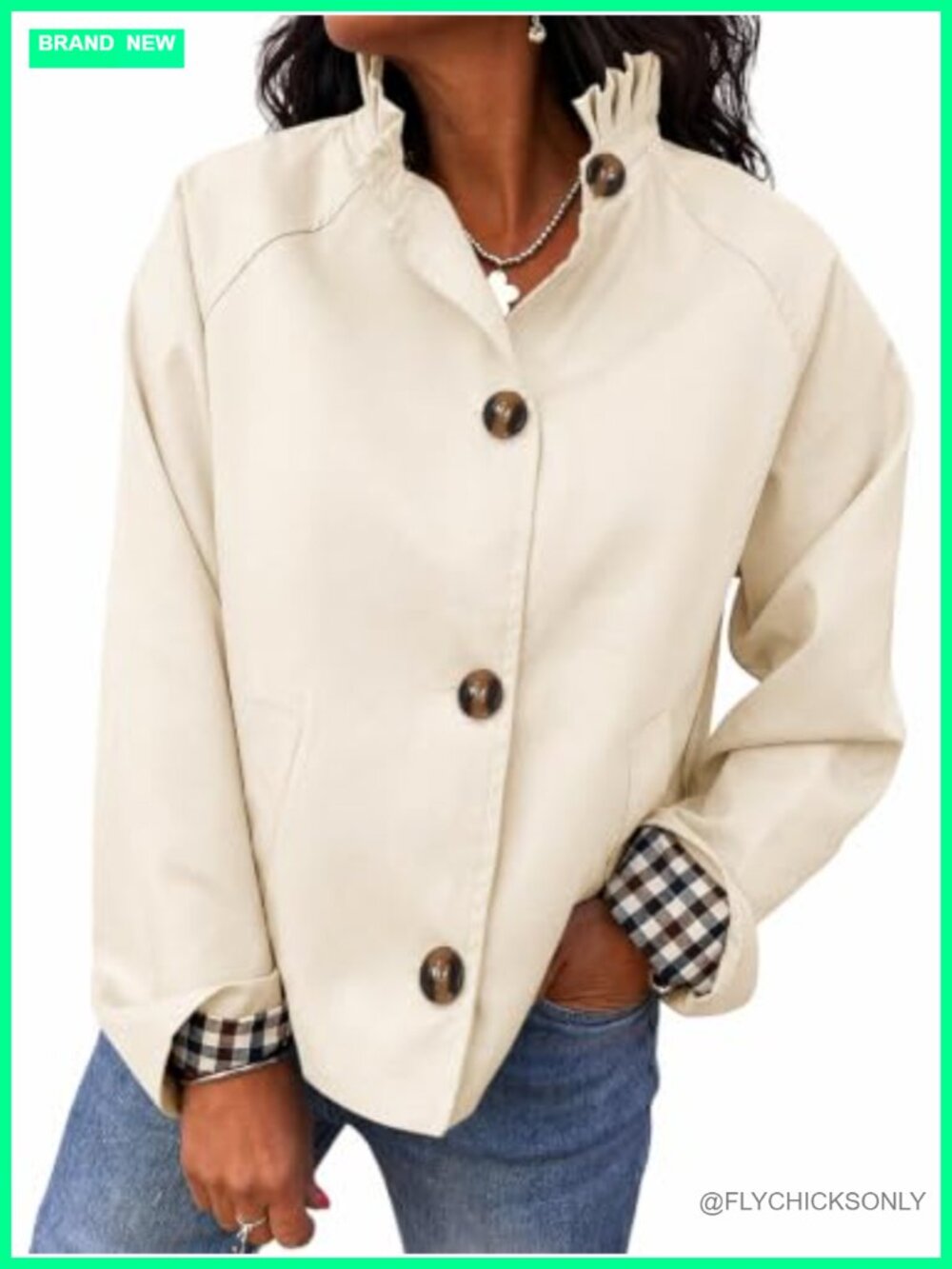 Womens Cropped Trench Coat Ruffle Collar Single Breasted Plaid Cuff
